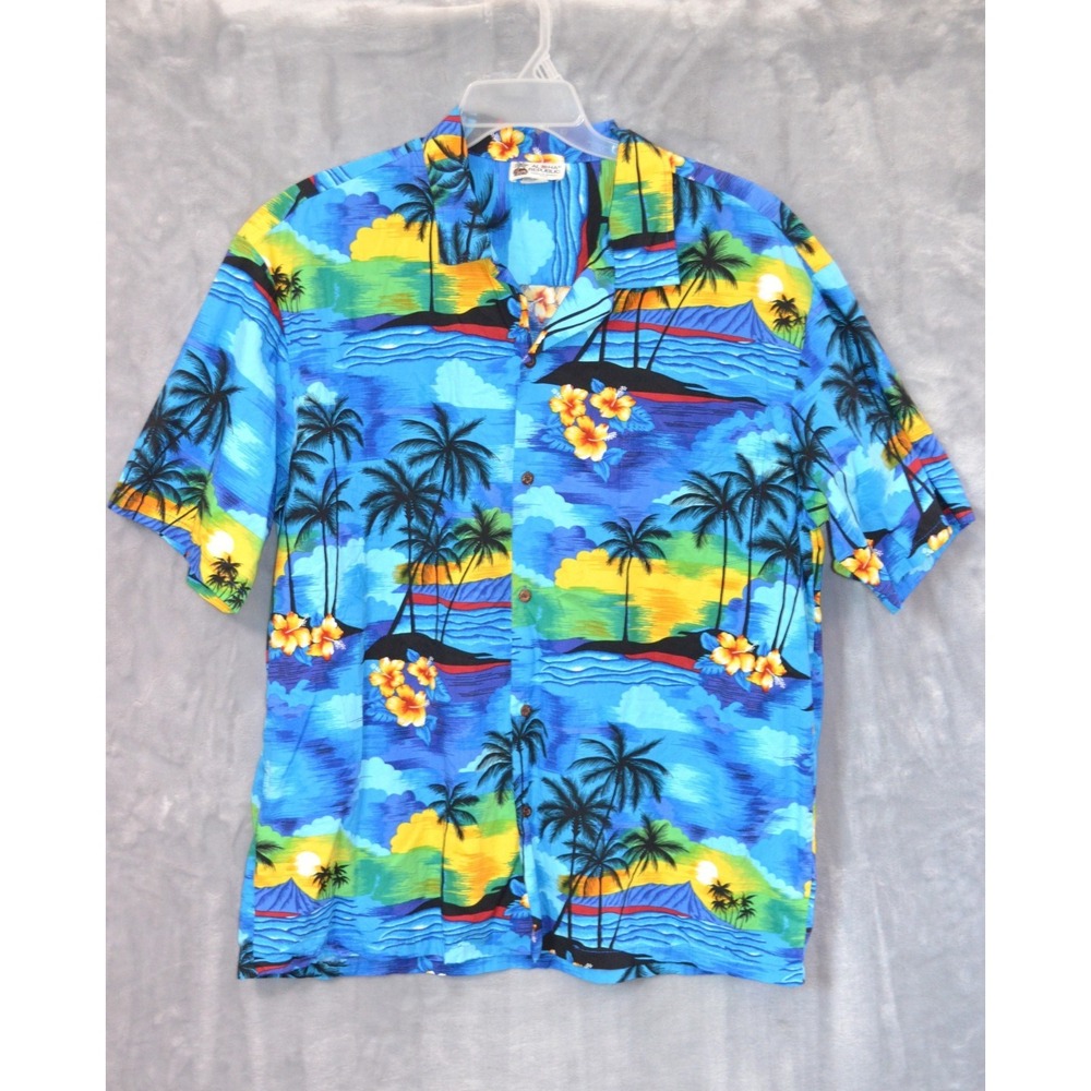 Aloha Republic Hawaiian Shirt Men's 2XL Blue Floral Hibiscus Tropical Button Up